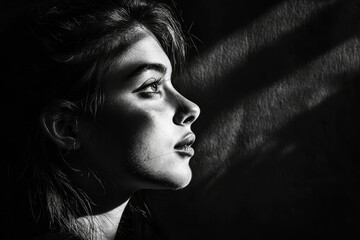 Poster - Monochrome profile, woman's face, shadowed background.