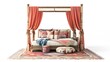 © Ziyan - 3D Render of a bohemian bedroom with a canopy bed, colorful rugs, floor plan, on isolated white background