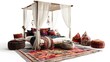 © Ziyan - 3D Render of a bohemian bedroom with a canopy bed, colorful rugs, floor plan, on isolated white background