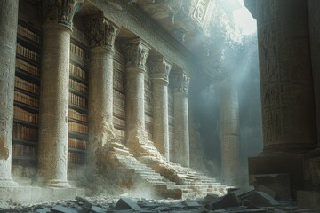 Wall Mural - Ancient stone library, ruined, dusty, sunlight streams in.