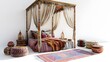 © Ziyan - 3D Render of a bohemian bedroom with a canopy bed, colorful rugs, floor plan, on isolated white background