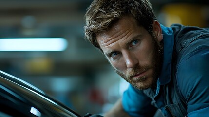 Poster - Experienced male auto mechanic wearing a blue collar shirt and working on repairing the engine of a car in a garage workshop