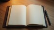 © Kristina - An open notebook lies on a wooden desk, its blank pages inviting creativity and ideas. The notebook features a simple design with a textured cover, and a pen rests beside it, ready for writing.