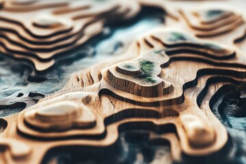 Wall Mural - Wooden relief carving, layered landscape, textured.