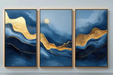 Set of three abstract blue and gold marbling art prints framed in modern stylish decor for contemporary minimal interior design