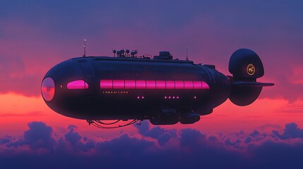 Poster - Futuristic airship flying above clouds at sunset.