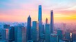 © pkproject - Glowing Skyscrapers in a Vibrant Urban Skyline at Sunset