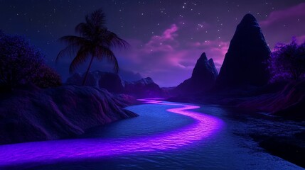 Poster - Night scene of a purple river winding through a tropical landscape under a starry sky.