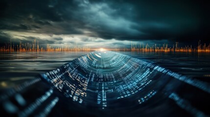 Aufkleber - Surreal Digital Wave with Binary Code Flowing Under Dramatic Cloudy Sky at Dusk, Representing Technology and Innovation in Nature's Element