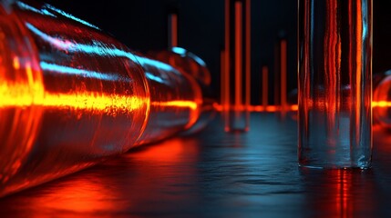 Wall Mural - glowing neon tubes and glass structures in dark setting.