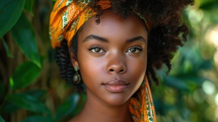 Wall Mural - Beauty portrait skin care body care Hair care ad, African American woman with smooth skin, natural afro hairstyle, brown eyes, wearing vibrant orange headscarf, posed backdrop of deep forest green