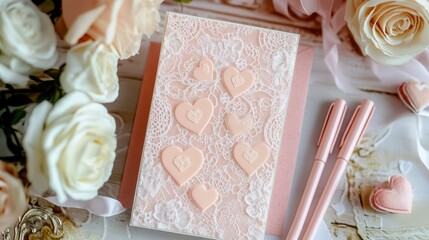 Wall Mural - Valentine Handmade Concept, Elegant DIY Valentine Card with Lace and Hand-Cut Hearts for Romantic Celebrations