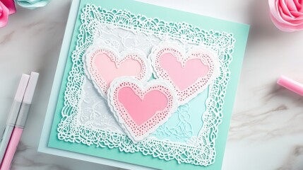 Wall Mural - Valentine Handmade Concept, Elegant DIY Valentine Card Design with Hand-Cut Hearts and Lace Detailing on a Soft Pastel Background