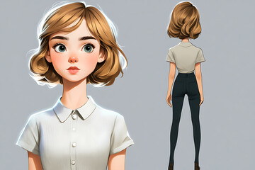 A stylized illustration of a young woman with a bob haircut, shown from the front and back.