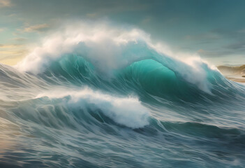 Wall Mural - A dramatic ocean wave crashing under a cloudy sky, capturing the power and beauty of the sea.