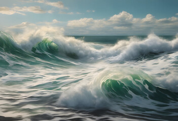 Wall Mural - A dramatic ocean wave crashing under a cloudy sky, capturing the power and beauty of the sea.