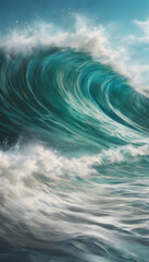 Wall Mural - A dramatic ocean wave crashing under a cloudy sky, capturing the power and beauty of the sea.