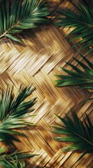 Wall Mural - vibrant tropical palm leaves forming an abstract geometric pattern over a rustic woven bamboo or str