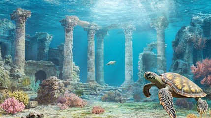 Wall Mural - Mystical Atlantis: Vibrant Underwater Scene with Graceful Sea Turtles, Coral Formations, and Sunlight Beams. Ultra-Detailed Photorealistic Illustration.