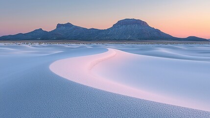 Wall Mural - Sunrise hues paint desert dunes with mountains at horizon.