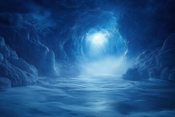 Wall Mural - Blue and white image of a frozen landscape with a blue sky