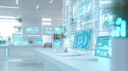 Wall Mural - Futuristic office interior with holographic displays and computer screens showing data analytics and charts.