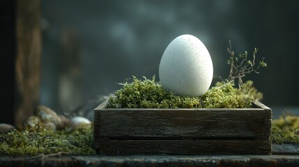 White egg on moss in wooden box, misty forest background.