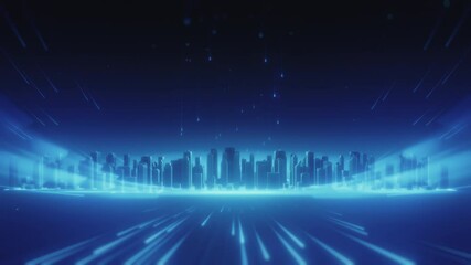 Wall Mural - a glowing futuristic city skyline with digital light streaks and falling particles, representing adv