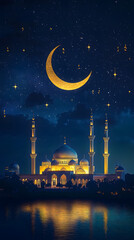 Wall Mural - shining golden crescent moon and starry night sky over illuminated mosque, marking the beginning of 