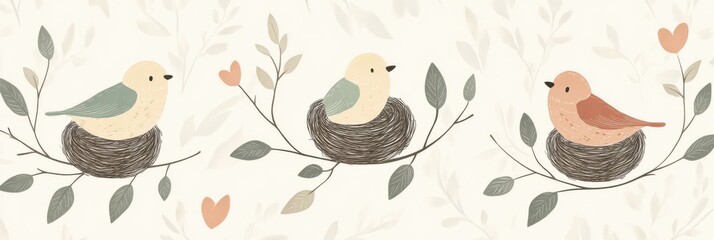 Charming springtime birds in cozy nests - whimsical nature scene for seasonal decor and design