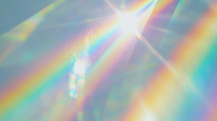 Wall Mural - holographic rainbow light refraction texture overlay with abstract soft bokeh effect on a white back