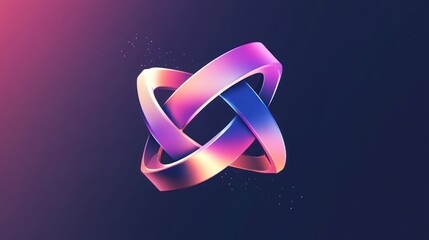 Abstract 3D iridescent rings intertwined, forming a dynamic, geometric shape against a dark background.