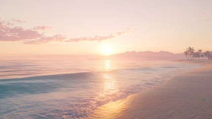 Wall Mural - Serene Dawn: Tranquil Beach Scene with Misty Ocean and Gentle Waves in Photorealistic Detail