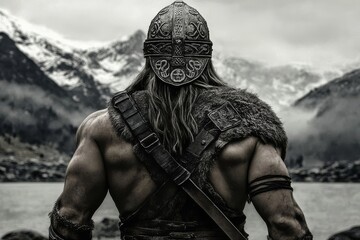 Back view of a Viking warrior in a helmet against majestic mountains.