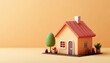 © ณัฐพล ตีระพิมลจันทร์ - 3D illustration of a cozy house surrounded by whimsical trees and plants, set against a vibrant orange-yellow background, smooth textures, rounded shapes, and a minimalistic aesthetic