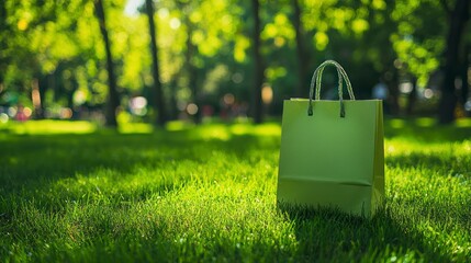 Wall Mural - Green paper bag sits on grassy park lawn.