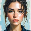 © Drowfear - Una persona con cabello suelto y despeinado, vestida con una chaqueta azul, sobre un fondo pintado de colores claros, ideal para retratos artísticos y creativos
