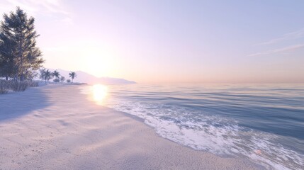 Wall Mural - Tranquil Dawn - Photorealistic Beach Scene with Soft Light, Gentle Waves, and Calm Serenity