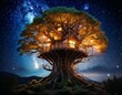 © FCEalin  - Illustration of a glowing treehouse surrounded by a galaxy of stars