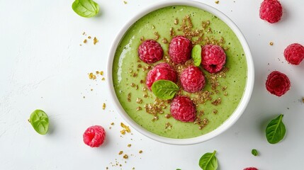 Fresh green smoothie bowl with raspberries and spinach on a white background for healthy living inspiration