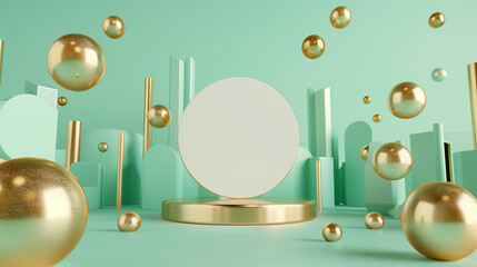 Luxury Podium with Green and Gold Abstract 3D Geometric Scene for Product Display