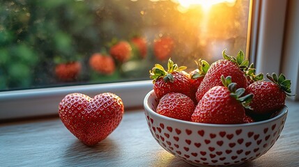 Wall Mural - heart-shaped strawberry and bowl of strawberries by sunny window.