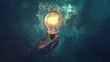 © Gaming - Hand holding glowing lightbulb in cosmic space.