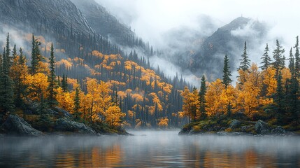 Sticker - Misty autumn lake in mountain valley with colorful foliage.