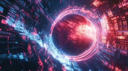 Aufkleber - A vibrant, futuristic depiction of a swirling energy tunnel with neon colors, suggesting movement through digital realms or space.