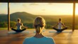 © weerasak - A serene scene of individuals practicing yoga at sunset, surrounded by hills, promoting tranquility and mindfulness.