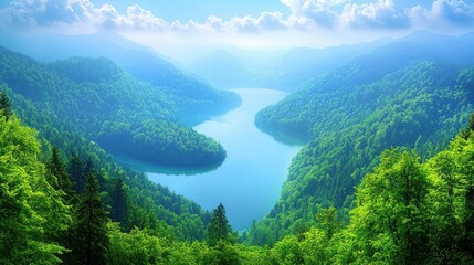 Wall Mural - Mountain valley with water and trees, possible nature or travel background.