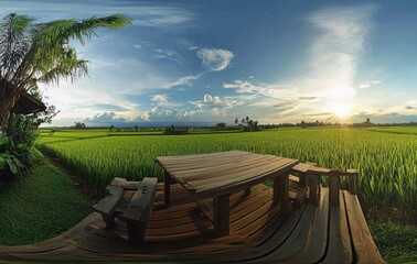 Wall Mural - The wooden tabletop is set against the backdrop of an open rice field with green grass and blue sky, with the sunset light shining on it. The sun shines brightly in front of you