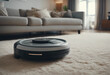 © ArtisticLens - Wireless futuristic vacuum hoover cleaning machine robot on schedule in a living room with HUD datum