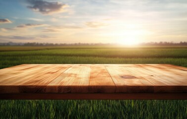 Wall Mural - The wooden tabletop is set against the backdrop of an open rice field with green grass and blue sky, with the sunset light shining on it. The sun shines brightly in front of you